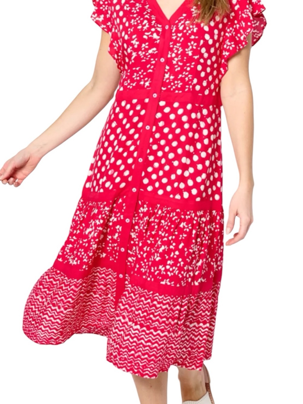 Dennis basso Red & White Mixed-Print Button-Front Midi Dress L406